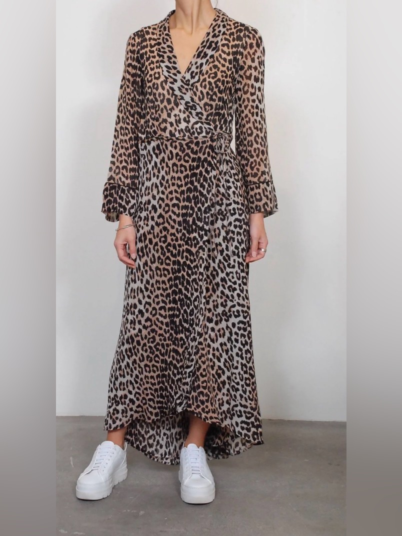 Ganni Mullin Wrap Leopard Print Long Sleeve Dress Small